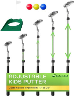 Kids Putter Set with Extendable Shaft – Adjustable Mini Golf Putter for Junior Golfers – Left & Right-Handed Training Club – Includes 3 Balls – Silver, 17