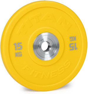 Titan Fitness 15 KG Color Urethane Bumper Plates, Sold Individually, Yellow Colored Mold with Steel Insert