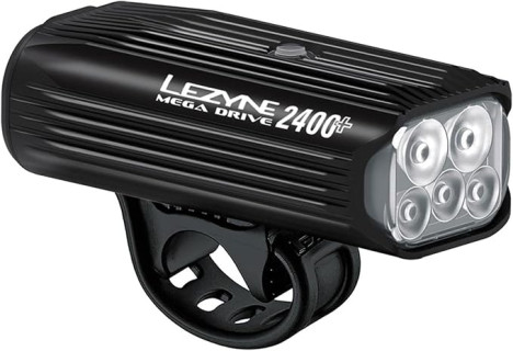 LEZYNE Mega Drive Bicycle USB Rechargeable Durable Weather-Resistant IPX7 White LED Front Light with Multiple Solid & Flash Modes | Integrated Silicone Rubber Strap Mount | 2400/1800 Lumens Options