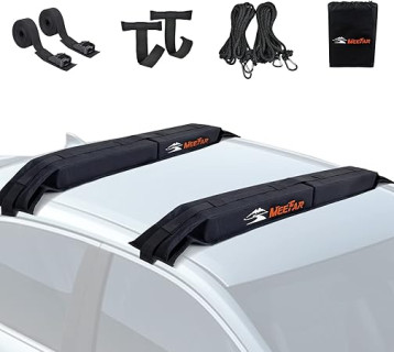 MeeFar Universal Car Soft Roof Rack Pads Luggage Carrier System for Kayak Surfboard SUP Canoe Include 2 Heavy Duty Tie Down Straps, 2 Tie Down Rope, 2 Quick Loop Strap and Storage Bag