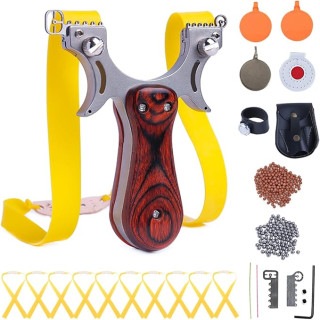 Outdoor Professional Solid Stainless Steel High Velocity Catapult Slingshot Set for Adults Hunting with 1 Ammo Pouch 100 Slingshots Ammo Balls & 10 Replacement Rubber Bands & 4 Target
