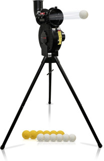 PowerNet Launch F-lite Softball & Baseball Pitching Machine, Dimpled Practice Balls, Bucket of Baseballs, Coaching Bucket Bundle for Pitching Machine, Baseball Training Equipment