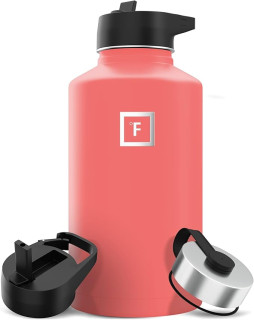 IRON °FLASK Camping & Hiking Hydration Flask with 3 Lids - Stainless Steel, Double Walled & Vacuum Insulated Water Bottle - Leak Proof & BPA Free (Peach, Straw - 64 oz)