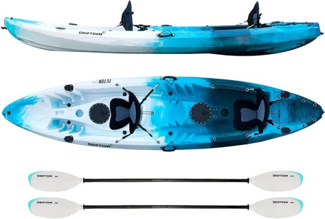 DRIFTSUN Teton 120 Hard Shell Kayak, 2 or 3 Person Sit On Top Fishing Kayak with 2 EVA Padded Seats, Includes 2 Aluminum Paddles and Fishing Rod Holder Mounts