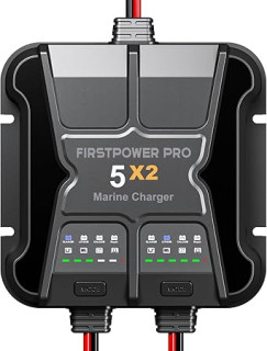 2 Bank Marine Battery Charger 5X2, 10A (5A/Bank) - 12V Waterproof Onboard Battery Charger, Battery Maintainer & Desulfator for SLA/AGM, Lithium (LiFePO4), Calcium & Deep-Cycle Battery- Charged 24/7