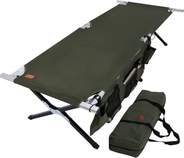 Tough Outdoors Camping Cot for Adults - Oversized Camping Cot - Durable Heavy Duty Military Bed - Elevated Foldable Cot & Camp Cots for Adults - XL Cot up to 300 lbs - w/Organizer & Storage Bag