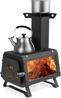 Giantex Portable Camping Wood Stove - Mini Wood Burning Stove w/ 2 Cooking Positions, Anti-scalding Door Handle & Heat Resistant Glass Window, Tabletop Fire Pit Stove for Outdoor Cooking & Heating