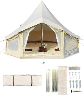 Canvas Bell Tent, 4 Seasons Yurt Tent with 2 Stove Jack, 4 Mesh Zippers Windows, Breathable Waterproof Tent Suitable for 4-12 People, Family Camping Outdoor Party