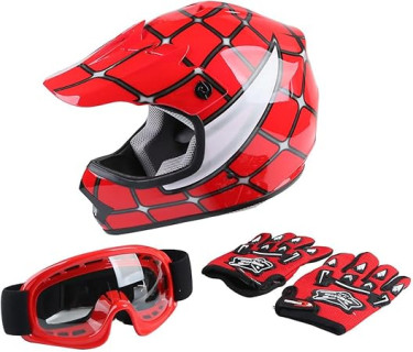 XFMT Youth Kids Motocross Offroad Street Dirt Bike Helmet Goggles Gloves Atv Mx Helmet Red Spider S