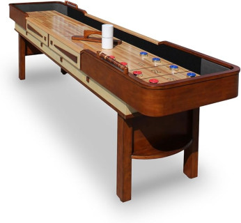 Hathaway Merlot 12 Ft Shuffleboard Table for Family Arcade Game Room - with Lacquer Coated Playfield, Built-in Scorer & Cabinet, Climate Adjusters, Leg Levelers, 8 Pucks, Brush & Wax - Walnut Finish