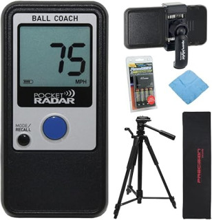 Pocket Radar Ball Coach/Pro-Level Speed Training Tool and Radar Gun Bundle with 360-Degree Rotating Tripod Mount and Tripod Stand with Carrying Bag and Rechargeable Batteries (3 Items)