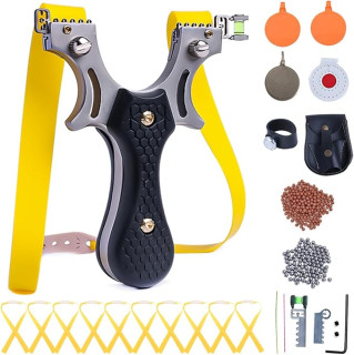 Outdoor Professional Solid Slingshot Set for Hunting Stainless Steel High Velocity Catapult Sling Shot for Adults with 1 Ammo Pouch 100 Slingshots Ammo Balls & 10 Rubber Bands & 4 Target