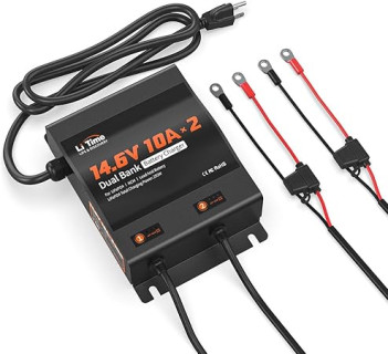 LiTime 2-Bank 10A (10A/Bank) Dual Smart Battery Charger, 14.6V LiFePO4 Battery Charger AC-DC Charger with Fuse, LED Indicator for RV, Boat, Motorcycle, Lawn Mower, Trolling motor and Lead Acid Battery