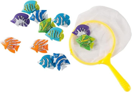 BLUE PANDA 13 Pieces Pool Diving Toys for Kids, 12 Plastic Fish with Net for Summer Swimming Games