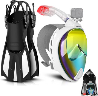 Odoland Snorkeling Packages for Adults & Youth, Full Face Snorkel Mask with Camera Mount, Adjustable Swim Fins, Mesh Bag, Anti-Fog Anti-Leak Scuba Diving Gear for Men & Women