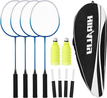 HIRALIY Badminton Rackets for Outdoor Backyard Games, Lightweight Badminton Set of 4 for Kids Adults Beginners, Including 4 Rackets and Replacement Grip Tapes, 12 Nylon Shuttlecocks, 1 Carrying Bag