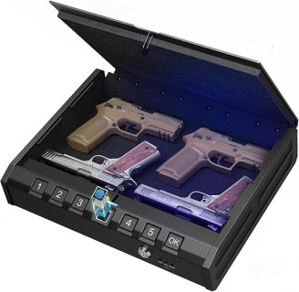 ONNAIS Large Biometric Gun Safe - Fingerprint Pistol Safe with Internal Light, Three Unlock Methods, and Emergency Power Supply, Gun Lock Box for Home, Bedside, Nightstand, and Car Use