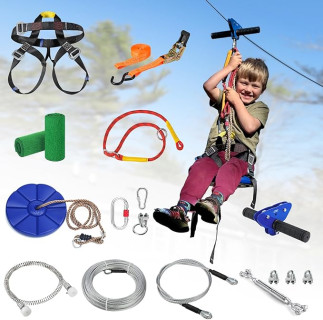 Zipline for Backyard Kids and Adults, Zipline Kit with Stainless Steel Spring Brake, Cable Tensioning Kit, Safety Harness, 2 Tree Protectors and Full Set of Zip Line Accessories with 1/4 inch Cable