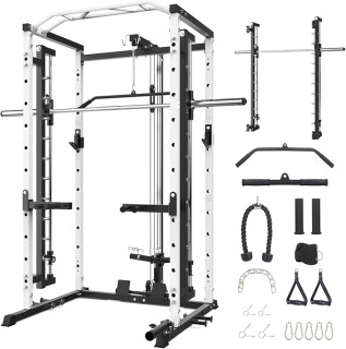 Power Cage with Smithbar - 1600 Lbs Premium Power Rack with LAT Pulldown, Power Rack with Cable Pulley System, Dip Handles and J-Hooks, Home Gym Equipment for Versatile Workouts
