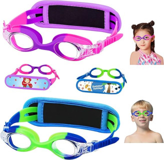Vvinca Kids Swim Goggles with Fabric Strap No Tangle Pain-Free, Anti-Fog Swimming Pool Goggle No Leak for Toddlers Girls Boys