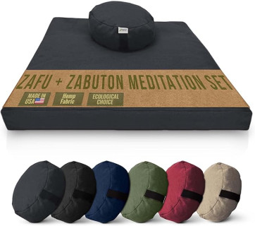Meditation Cushion Mat Set HEMP - Oval Zafu Floor Pillow Organic Buckwheat Pillow + Cotton Filled HEMP Zabuton Prayer Pad - Meditation Pillow Yoga Knee Pad - Made in USA - 18