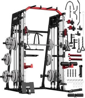 Smith Machine Home Gym All in One, 2200LBS Squat Rack Power Cage with Smith Bar, LAT Pull-Down, Cable Systems, Leg Hold-Down and More Attachments, Workout Equipment (Red Black)