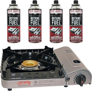 Chef Master 15,000 BTU Portable Butane Camping Stove COMBO with 4 x 8oz. Butane Fuel Canister, Double Wind-Guard Portable Stove Burner for Emergency, Road Trip, Backpacking & Camping Essential - 90019
