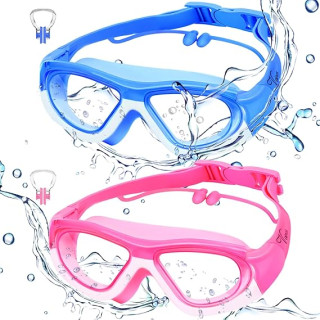 Vvinca Kids Swim Goggles for Kids 3-12, 2024 Upgraded Design with Ear&Nose Plug, Wide View Anit-Fog No Leak Water Pool Goggle