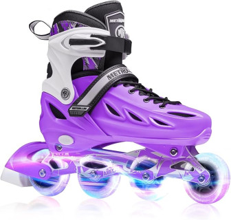 METROLLER Inline Skates for Girls and Boys, Women, Men 4 Sizes Adjustable Inline Skates with Light Up Wheels, Illuminating Beginner Skates for Kids 5-8 8-12 & Adult Youth.