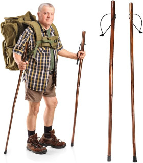 2 Pack Wood Walking Stick, 48 in Natural Wooden Walking Cane, Rustic Cedarwood Hiking Sticks Trekking Poles with Wrist Strap and Rubber Tip for Outdoor Activities, Women, Men, Seniors