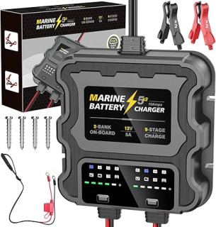 Smart 2 Bank Marine Battery Charger, 10A (5A/Bank), 12V,Waterproof,lifepo4 Lithium Battery Charger Maintainer and Desulfator for AGM, Lithium,Deep-Cycle Batteries Boat Accessories