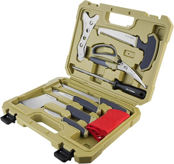 FLISSA Hunting Field Dressing Kit, 10 Piece Hunting Knife Set with Skinning Knife, Butcher Game Processing Kit with Portable Storage Case for Deer, Meat Processing, Fishing, Camping, Survival