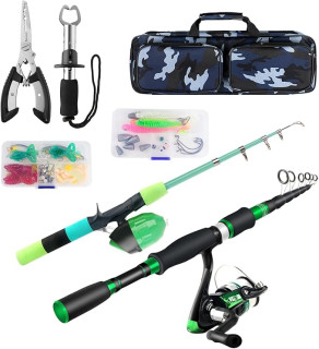 Family Fishing Pole Combo, 2PCS Portable Parent-Child Travel Fishing Kit, 6.89FT 4.92FT Telescopic Fishing Rod Spinning Reel Spincast Reel Baits Pliers Fish Lip Gripper Gift for Adults Kids Youth