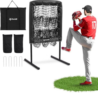 Yes4All 9 Hole Pitching Net, Pre-Installed Pitching Target & U Frame Foam-Padded, 4-Height Adjustable Pitching Net with Strike Zone Upgraded Bungee Cord, 2 Sandbags & 4 Ground Stakes Included