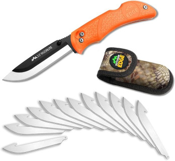 OUTDOOR EDGE Knives' RazorPro L Hunting Knife with Razor-Sharp Replaceable Blade features Non-Slip TRP Orange Handle, Belt Holster, & 12 Blades. Must-Have Field Dressing Knife for Your Hunting Gear