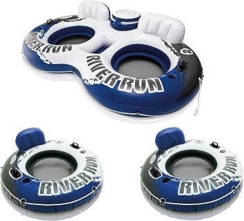 Intex River Run II Inflatable Double Rider Inntertube with Built-in Cooler and Cupholders with River Run I Single Floating Water Rafts (2 Pack)