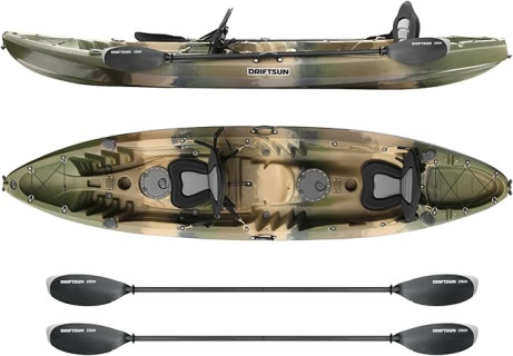 DRIFTSUN Teton 120 Hard Shell Kayak, 2 or 3 Person Sit On Top Fishing Kayak with 2 EVA Padded Seats, Includes 2 Aluminum Paddles and Fishing Rod Holder Mounts