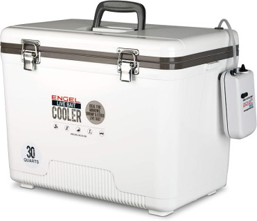 Engel Live Bait Cooler Box with 2nd Gen 2-Speed Aerator Pump - Portable Fishing Station & Minnow Bucket for Shrimp & Other Live Fish with Aerator - ENGLBC-N