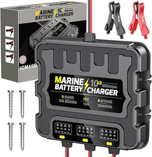 Smart 3 Bank Marine Battery Charger 10X3, 30A (10A/Bank) 12V,Waterproof,lifepo4 Lithium Boat Battery Charger Maintainer and Desulfator for AGM, Lithium,Deep-Cycle Batteries Boat Accessories