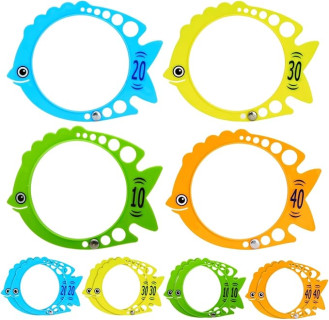 BLUE PANDA 12 Pack Fish Pool Rings for Kids Diving, Underwater Swim Dive Rings, Summer Sinking Swimming Toys, (7x6 in, 4 Colors)