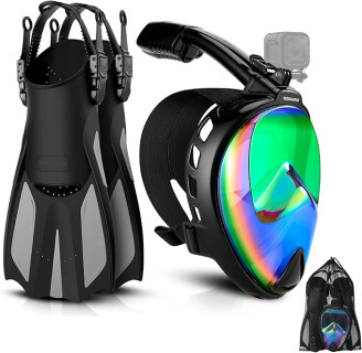 Odoland Snorkeling Packages for Adults & Youth, Full Face Snorkel Mask with Camera Mount, Adjustable Swim Fins, Mesh Bag, Anti-Fog Anti-Leak Scuba Diving Gear for Men & Women