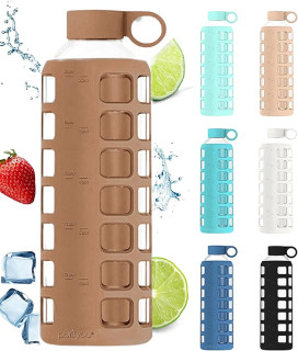 purifyou 40/32/22/12 oz Borosilicate Glass Water Bottles with Volume Markers, Silicone Sleeve, Stainless Steel Lid, Reusable Bottle for Water, Juice, Gym, and Fridge Storage (40oz Iced Coffee)