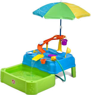 Step2 Waterpark Wonders Two-Tier Water Table, Kids Water Activity Sensory Playset, Comes with Umbrella, Summer Outdoor Toys, 11 Piece Water Toy Accessories, for Toddlers 1.5+ Years Old