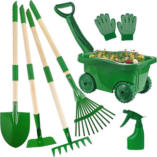Duckura Kids Gardening Tools Set - 7pcs Wheelbarrow Set for Kids with Shovel, Rake, Leaf Rake, Summer Outdoor Yard Digging Weed Toys, Easter Birthday Gifts for Boys Girls Age 2 3+ Years Old(Green)