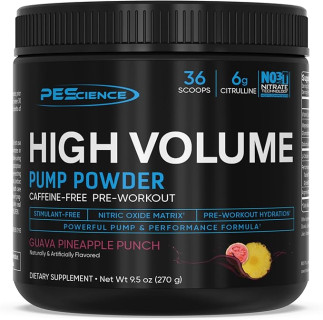 PEScience High Volume Stim-Free Pre Workout Pump Powder, Nitric Oxide Booster with L Citrulline & L Arginine Nitrate, Non-Stim Preworkout for Men and Women, 36 Scoops, Guava Pineapple Punch