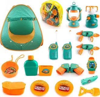PicassoTiles PTC20 20 Piece Camping Gear Tools Adventure Set Including Walkie Talkie, Camping Tent, Binoculars, Watch, Compass & Whistle, Stove, and Other Camp Tools