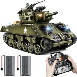 1/18 RC Tank, 2.4Ghz US M4A3 Sherman Remote Control Model Army Toys, 15 Channel RC Vehicle with Smoke, Light, Sound, and Recoil, Military Tank for Kid and Adult That Shoots BBS and Water Bombs