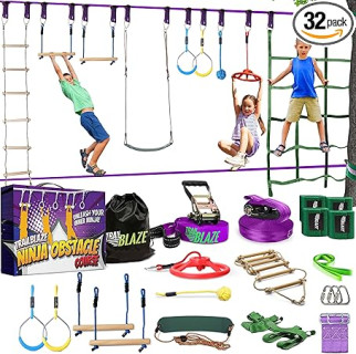 Ninja Warrior Obstacle Course for Kids Workout Equipment, 2 x 55ft Slacklines with 10 Weatherproof & Durable Ninja Kids Toys - Ninja Course for Kids Outside , Kids Obstacle Course Backyard