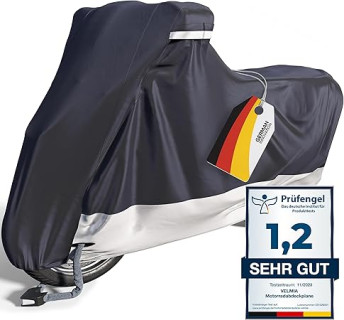 VELMIA Motorcycle Cover Extremely Heat Resistant up to 550 F I High Standard Motorcycle Cover Waterproof Outdoor for All Seasons, Motorcycle Storage, Scooter Cover, Moped Cover, Harley Cover
