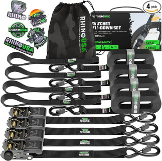 Rhino USA Ratchet Straps Tie Downs (4-Pack) - 1 Inch x 15 Feet (1,823lb Break Strength) - Ultimate Tie Down Straps with Safety S Hooks - Premium Straps for Trucks, Cargo, Moving, Appliances - Black